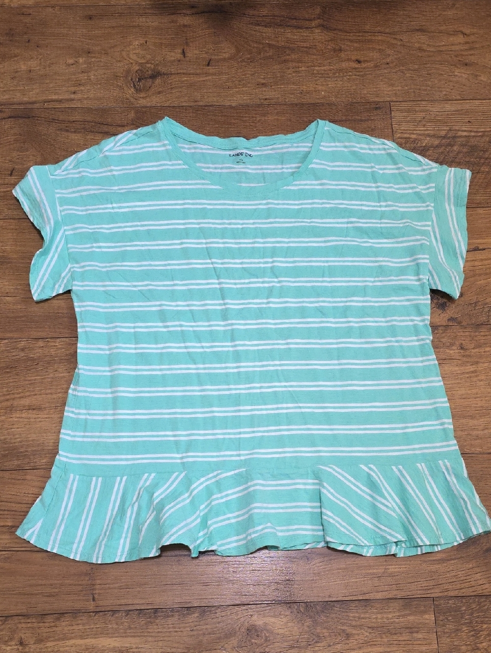 Lands' End Mint Stripe Peplum Short Sleeve Tee